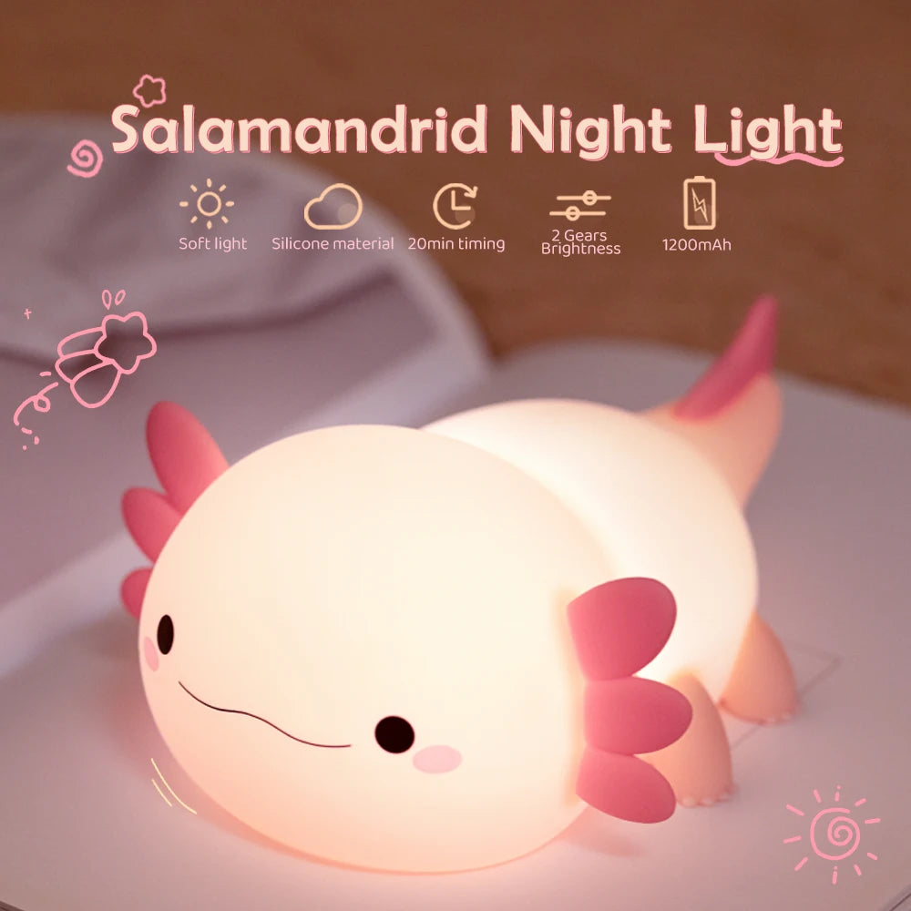 Limited💓 HomeBedBath™ Axolotl Kids Night Light – Portable Silicone Lamp with Adjustable Brightness